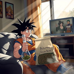 Goku sitting on the couch, casually holding a bong in one hand