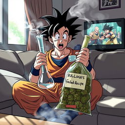 Goku sitting on the couch, casually holding a bong in one hand