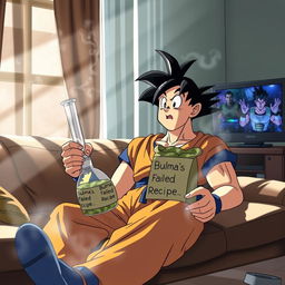 Goku sitting on the couch, casually holding a bong in one hand