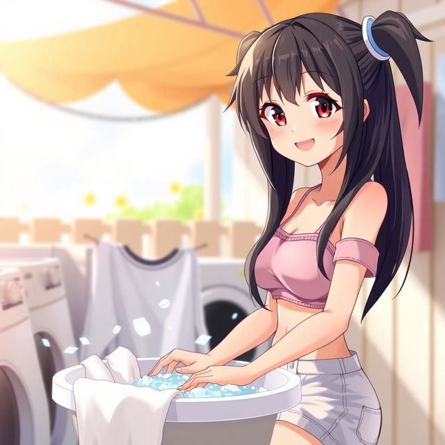 A woman with long black twintails and red eyes, dressed in shorts, smiling as she washes her laundry