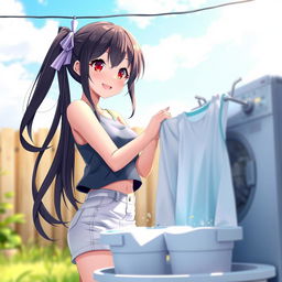 A woman with long black twintails and red eyes, dressed in shorts, smiling as she washes her laundry