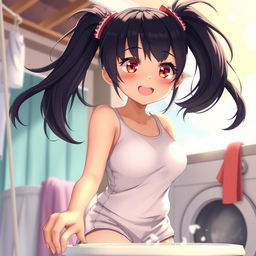 A woman with long black twintails and red eyes, dressed in shorts, smiling as she washes her laundry