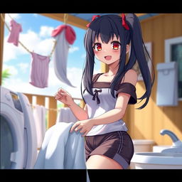 A woman with long black twintails and red eyes, dressed in shorts, smiling as she washes her laundry