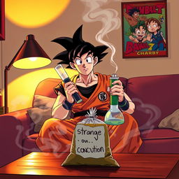 Goku sits on a couch, holding a bong in his hand, with a bewildered expression