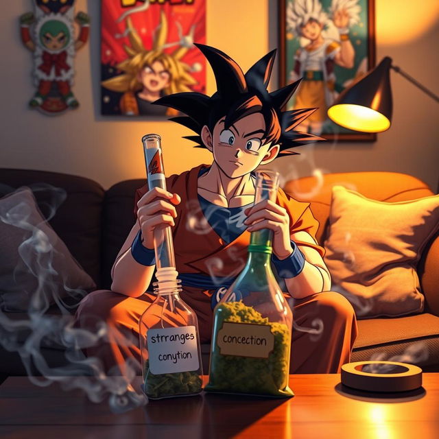 Goku sits on a couch, holding a bong in his hand, with a bewildered expression