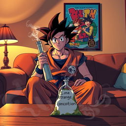 Goku sits on a couch, holding a bong in his hand, with a bewildered expression