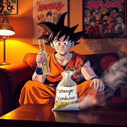 Goku sits on a couch, holding a bong in his hand, with a bewildered expression