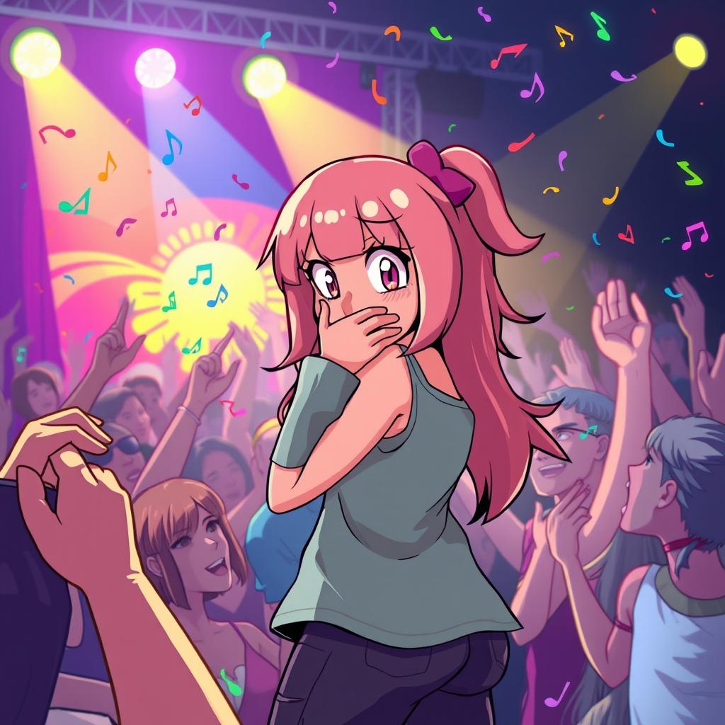 Bocchi the Rock standing in a lively concert setting, surrounded by cheering fans