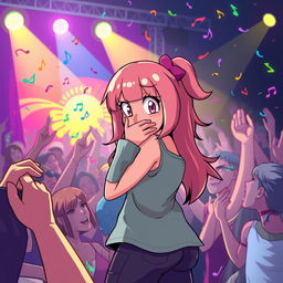 Bocchi the Rock standing in a lively concert setting, surrounded by cheering fans