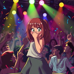 Bocchi the Rock standing in a lively concert setting, surrounded by cheering fans