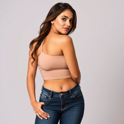 a sexy 30-year-old woman with a curvy figure, wearing stylish jeans and a chic top, posing confidently, showcasing her attractive features