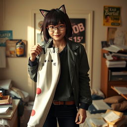 Misato Katsuragi standing in her room with a playful expression, holding a quirky cat-themed pair of pants in her hand