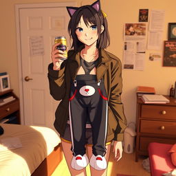 Misato Katsuragi standing in her room with a playful expression, holding a quirky cat-themed pair of pants in her hand