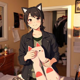 Misato Katsuragi standing in her room with a playful expression, holding a quirky cat-themed pair of pants in her hand