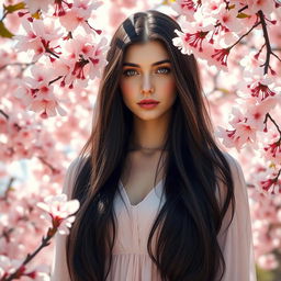 A beautiful Slavic woman with long black hair standing amidst cherry blossom flowers