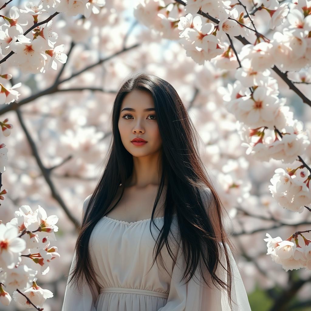 A beautiful Slavic woman with long black hair standing amidst cherry blossom flowers