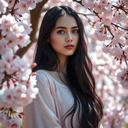 A beautiful Slavic woman with long black hair standing amidst cherry blossom flowers