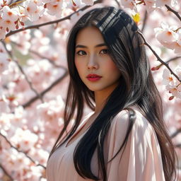 A beautiful Slavic woman with long black hair standing amidst cherry blossom flowers