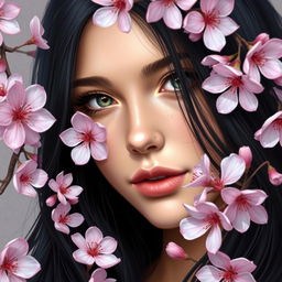 A beautiful Slavic woman with long black hair surrounded by sakura flowers, depicted in realistic style with clear and detailed features