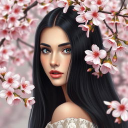 A beautiful Slavic woman with long black hair surrounded by sakura flowers, depicted in realistic style with clear and detailed features