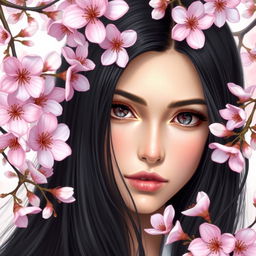 A beautiful Slavic woman with long black hair surrounded by sakura flowers, depicted in realistic style with clear and detailed features