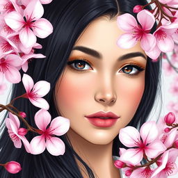 A beautiful Slavic woman with long black hair surrounded by sakura flowers, depicted in realistic style with clear and detailed features