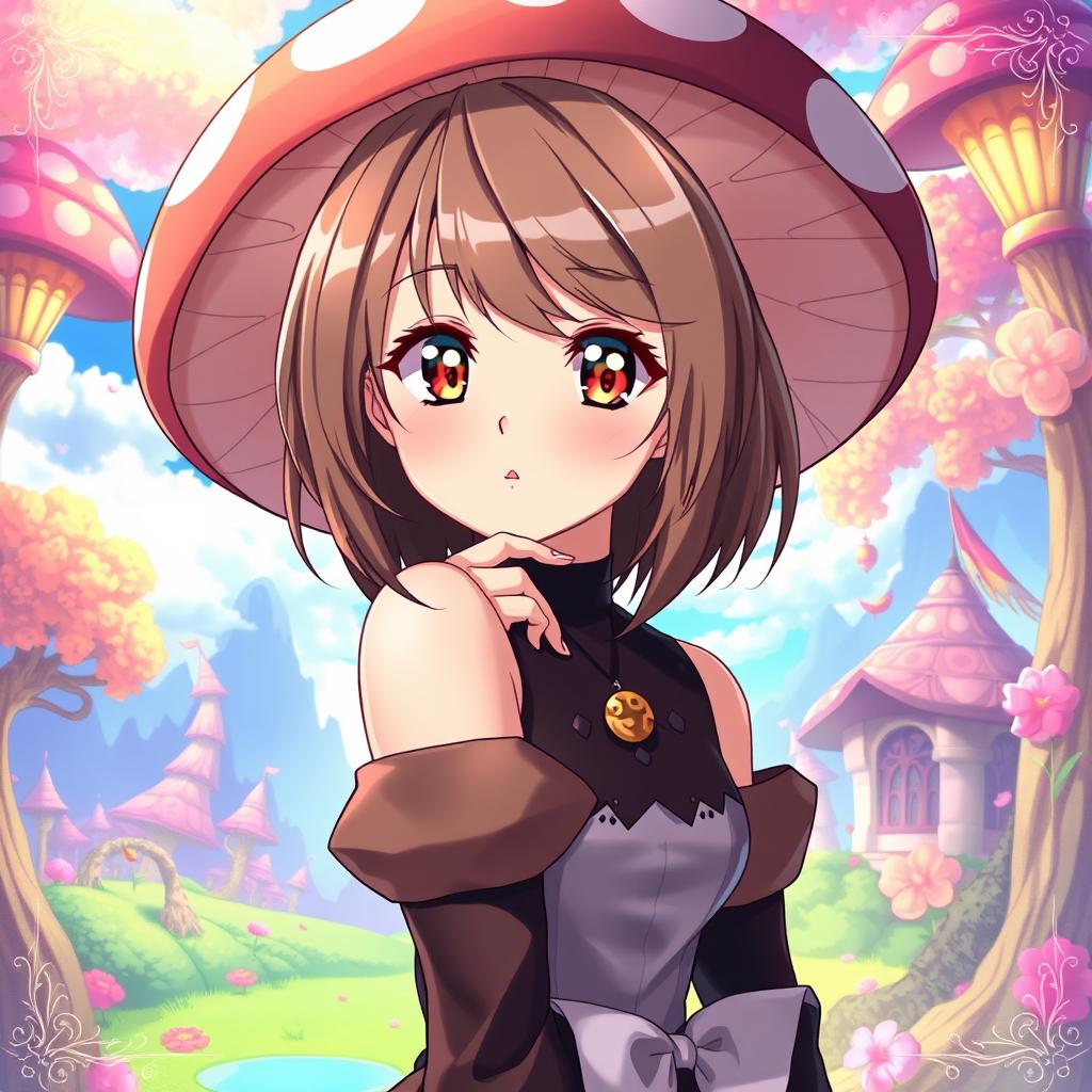 Beautiful anime woman with a mushroom-style haircut, elegant pose, expressive eyes, wearing a stylish outfit with a whimsical touch, in a colorful background showcasing an enchanting fantasy world