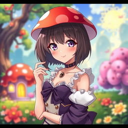 Beautiful anime woman with a mushroom-style haircut, elegant pose, expressive eyes, wearing a stylish outfit with a whimsical touch, in a colorful background showcasing an enchanting fantasy world