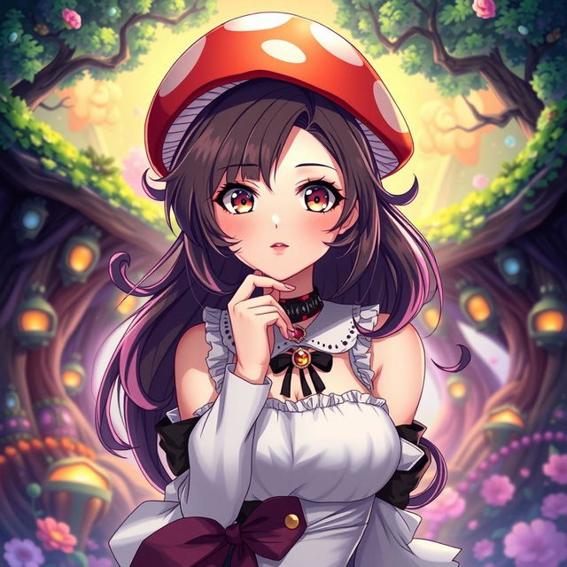 Beautiful anime woman with a mushroom-style haircut, elegant pose, expressive eyes, wearing a stylish outfit with a whimsical touch, in a colorful background showcasing an enchanting fantasy world