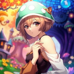 Beautiful anime woman with a mushroom-style haircut, elegant pose, expressive eyes, wearing a stylish outfit with a whimsical touch, in a colorful background showcasing an enchanting fantasy world