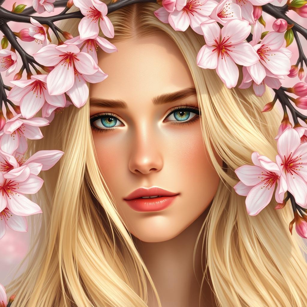 A beautiful Slavic woman with long blonde hair surrounded by sakura flowers, depicted in realistic style with clear and detailed features