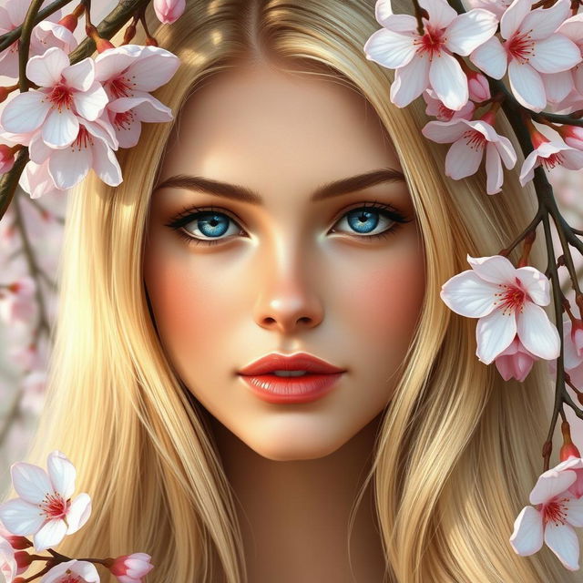 A beautiful Slavic woman with long blonde hair surrounded by sakura flowers, depicted in realistic style with clear and detailed features