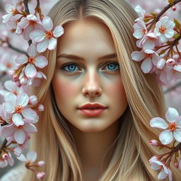 A beautiful Slavic woman with long blonde hair surrounded by sakura flowers, depicted in realistic style with clear and detailed features