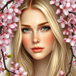 A beautiful Slavic woman with long blonde hair surrounded by sakura flowers, depicted in realistic style with clear and detailed features