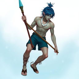 A male aquatic half-elf with aquamarine skin, dark blue hair sheared on the sides, and long on the top styled into a messy top-knot