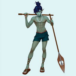 A male aquatic half-elf with aquamarine skin, dark blue hair sheared on the sides, and long on the top styled into a messy top-knot