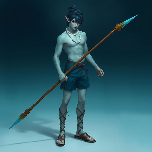 A male aquatic half-elf with aquamarine skin, dark blue hair sheared on the sides, and long on the top styled into a messy top-knot