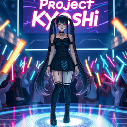 A captivating woman with long black twintails and red eyes stands confidently on a virtual digital stage