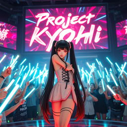 A captivating woman with long black twintails and red eyes stands confidently on a virtual digital stage