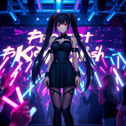 A captivating woman with long black twintails and red eyes stands confidently on a virtual digital stage