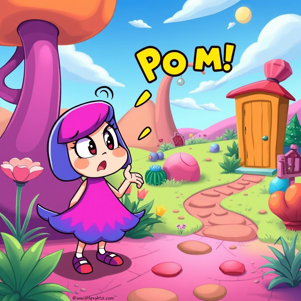 Pomni, a whimsical cartoon character with a vibrant personality, standing in a colorful, surreal landscape