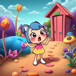 Pomni, a whimsical cartoon character with a vibrant personality, standing in a colorful, surreal landscape