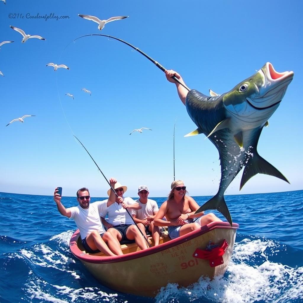 A chaotic fishing scene with multiple people in a rowboat on a sunny day at sea