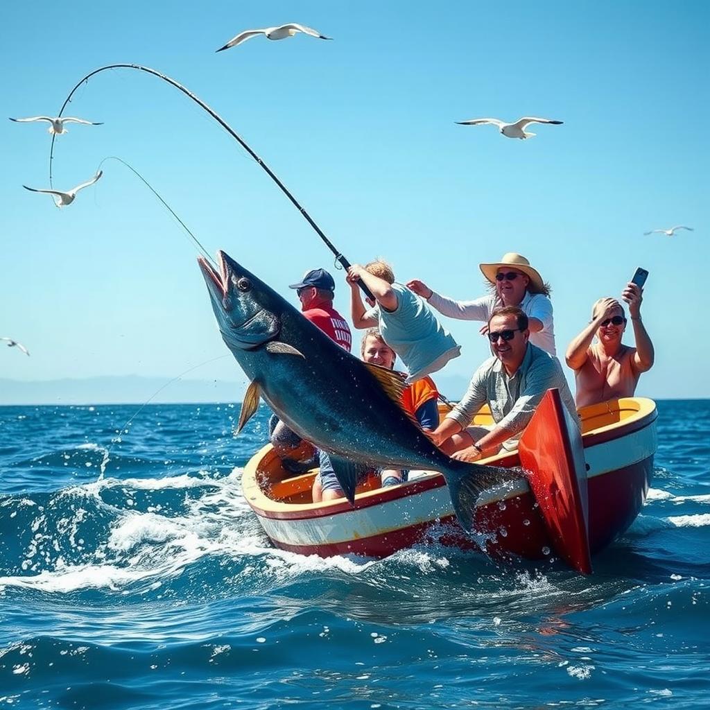 A chaotic fishing scene with multiple people in a rowboat on a sunny day at sea