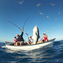 A chaotic fishing scene with multiple people in a rowboat on a sunny day at sea