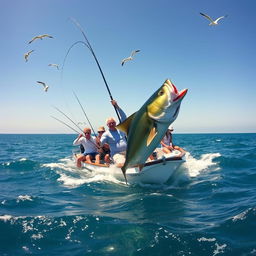 A chaotic fishing scene with multiple people in a rowboat on a sunny day at sea