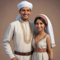 Create an animation of a cheerful Yemeni husband and wife dressed in traditional attire. They should be interacting warmly, their happiness infectious, exemplifying the rich culture of Yemen and the warm spirit of its people.