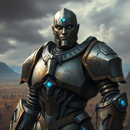 A fullsize portrait of a Warforged character standing proudly