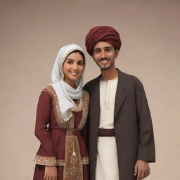 Create an animation of a cheerful Yemeni husband and wife dressed in traditional attire. They should be interacting warmly, their happiness infectious, exemplifying the rich culture of Yemen and the warm spirit of its people.