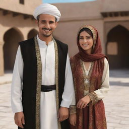 Create an animation of a cheerful Yemeni husband and wife dressed in traditional attire. They should be interacting warmly, their happiness infectious, exemplifying the rich culture of Yemen and the warm spirit of its people.